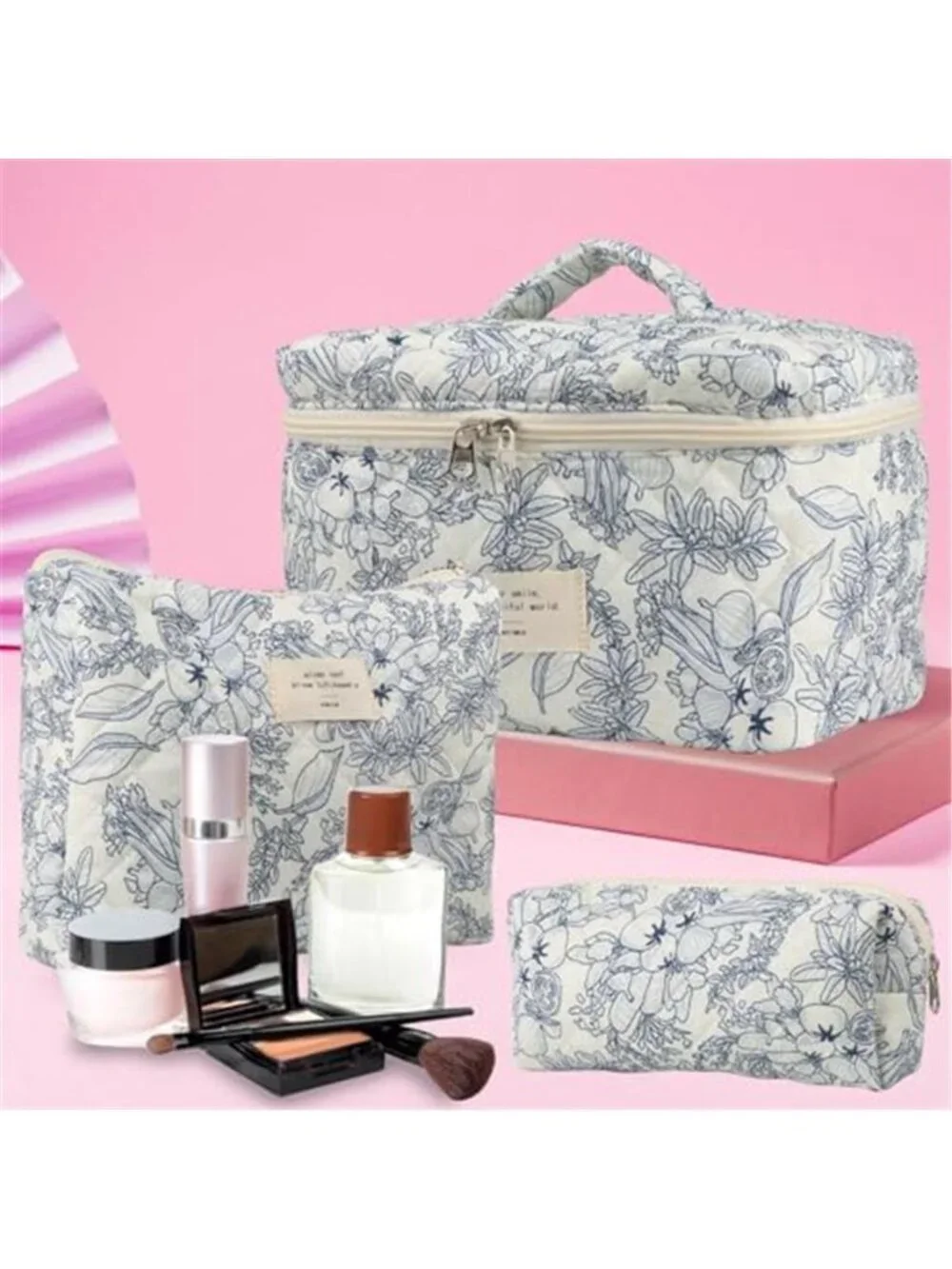 Quilted Floral Makeup Bags Set 2 Pcs Travel Cosmetic Toiletry Organizer Corduroy